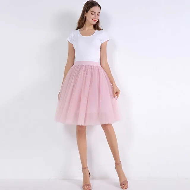 5 Layers 60cm Princess Midi Tulle Skirt Pleated Dance Tutu Skirts Womens Lolita Petticoat Jupe Saia faldas Denim Party Skirts