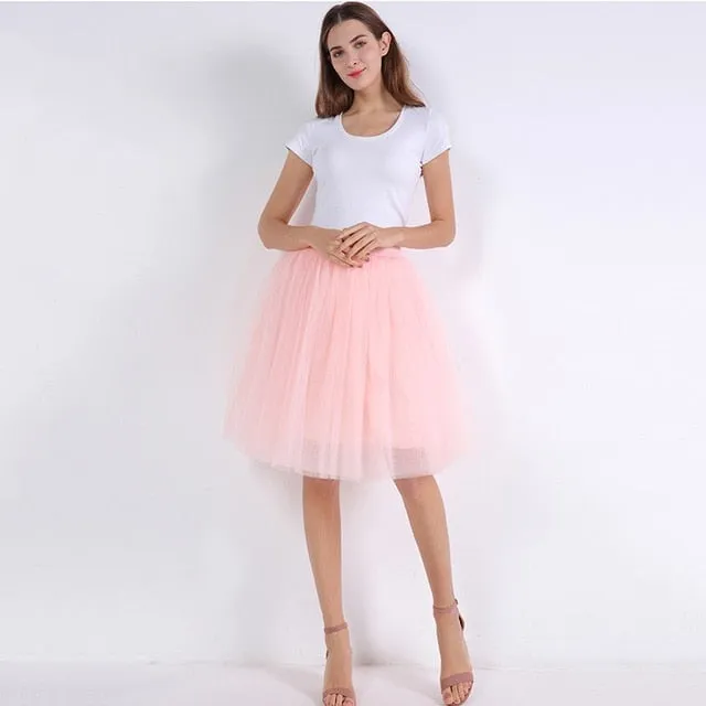 5 Layers 60cm Princess Midi Tulle Skirt Pleated Dance Tutu Skirts Womens Lolita Petticoat Jupe Saia faldas Denim Party Skirts
