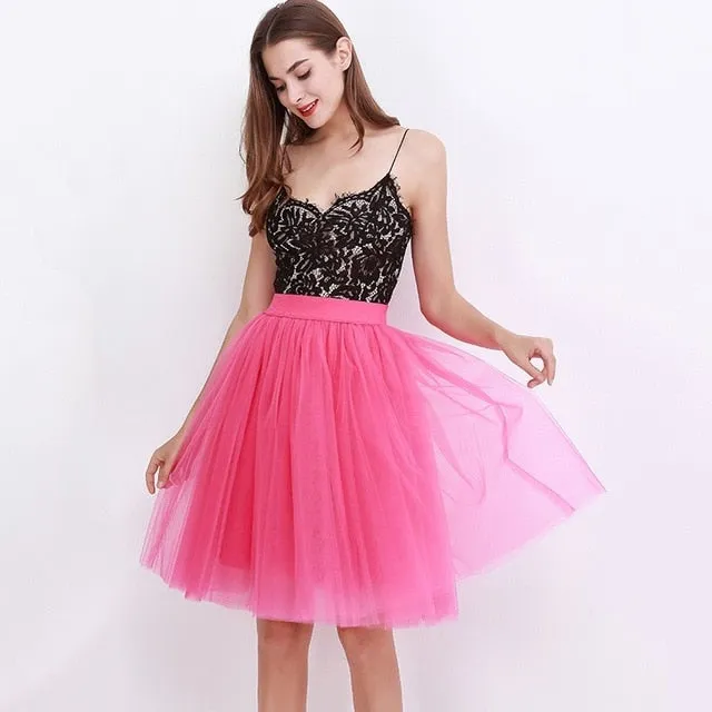 5 Layers 60cm Princess Midi Tulle Skirt Pleated Dance Tutu Skirts Womens Lolita Petticoat Jupe Saia faldas Denim Party Skirts