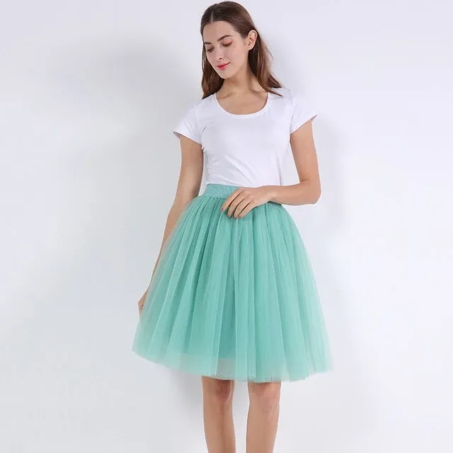 5 Layers 60cm Princess Midi Tulle Skirt Pleated Dance Tutu Skirts Womens Lolita Petticoat Jupe Saia faldas Denim Party Skirts
