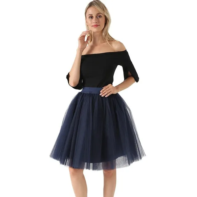 5 Layers 60cm Princess Midi Tulle Skirt Pleated Dance Tutu Skirts Womens Lolita Petticoat Jupe Saia faldas Denim Party Skirts