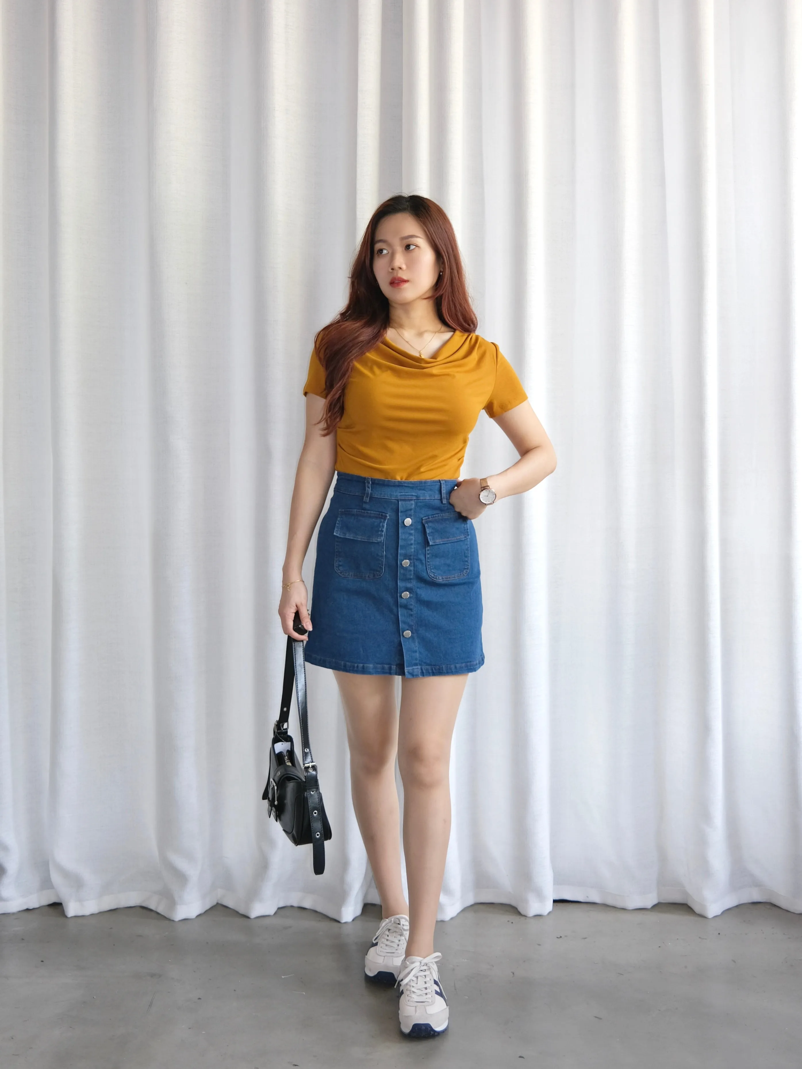 ACEWIN Flap Pockets Button Front Denim Mini Skirt (Size S-XL) 400386