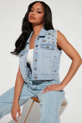 All My Love Embellished Denim Vest - Light Wash