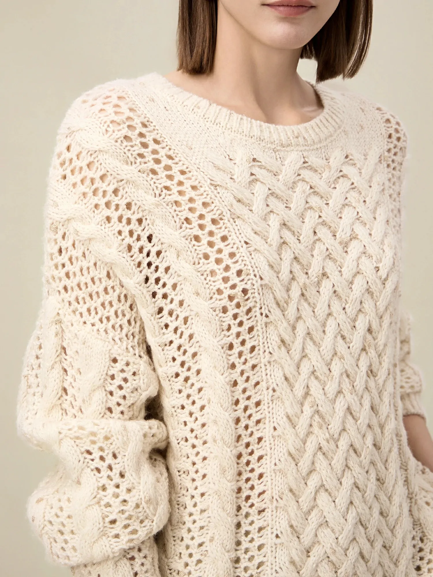 Amoretu Women's Cable Knitted Gold Bean Yarn Hollow Sweater
