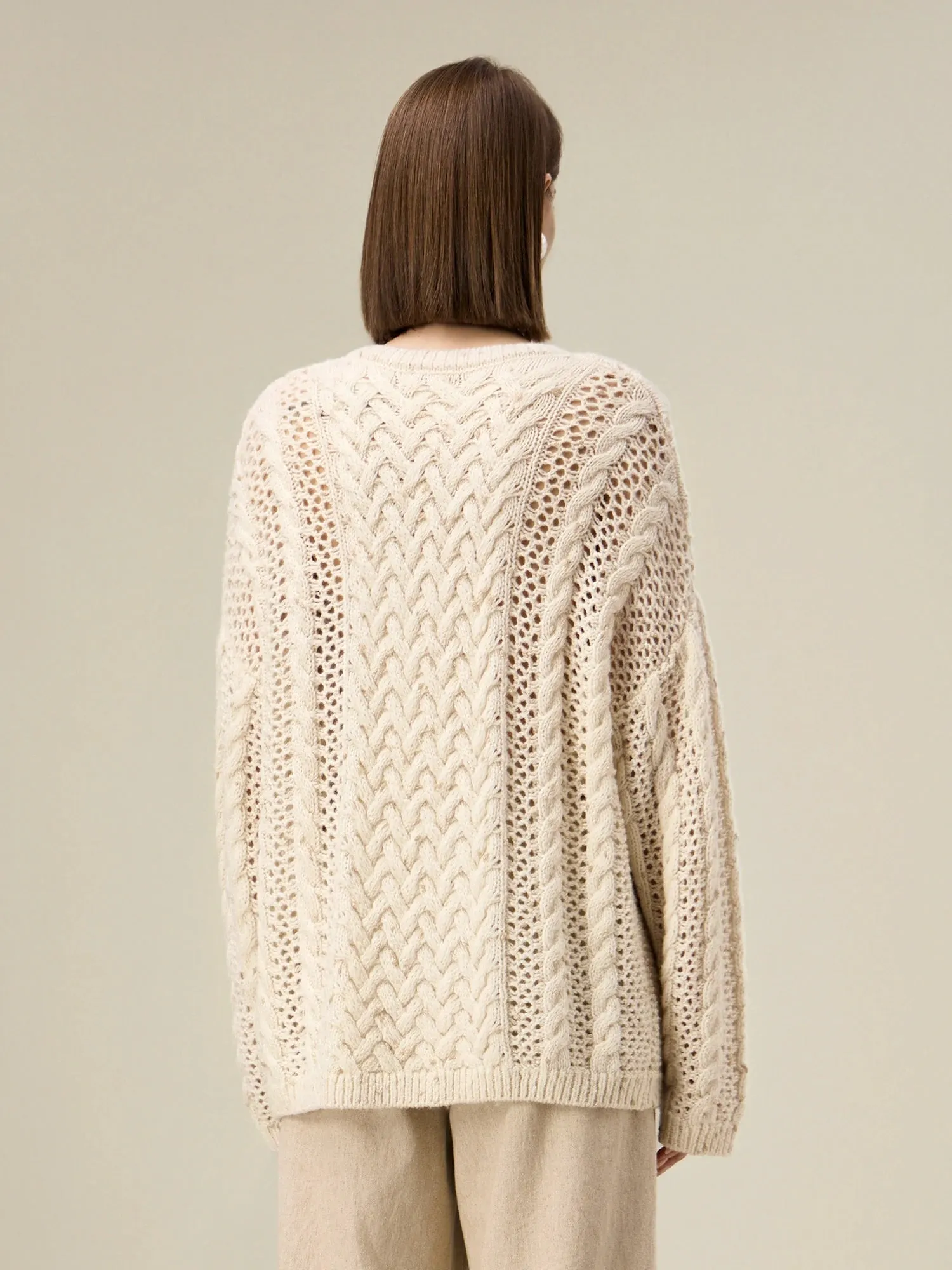 Amoretu Women's Cable Knitted Gold Bean Yarn Hollow Sweater