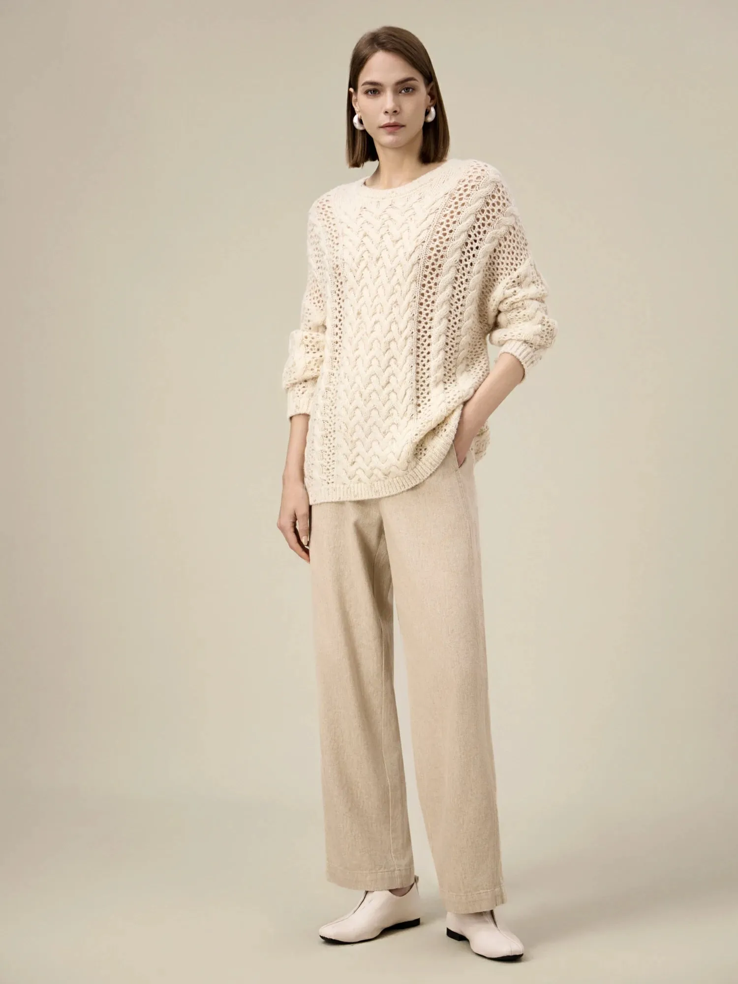 Amoretu Women's Cable Knitted Gold Bean Yarn Hollow Sweater