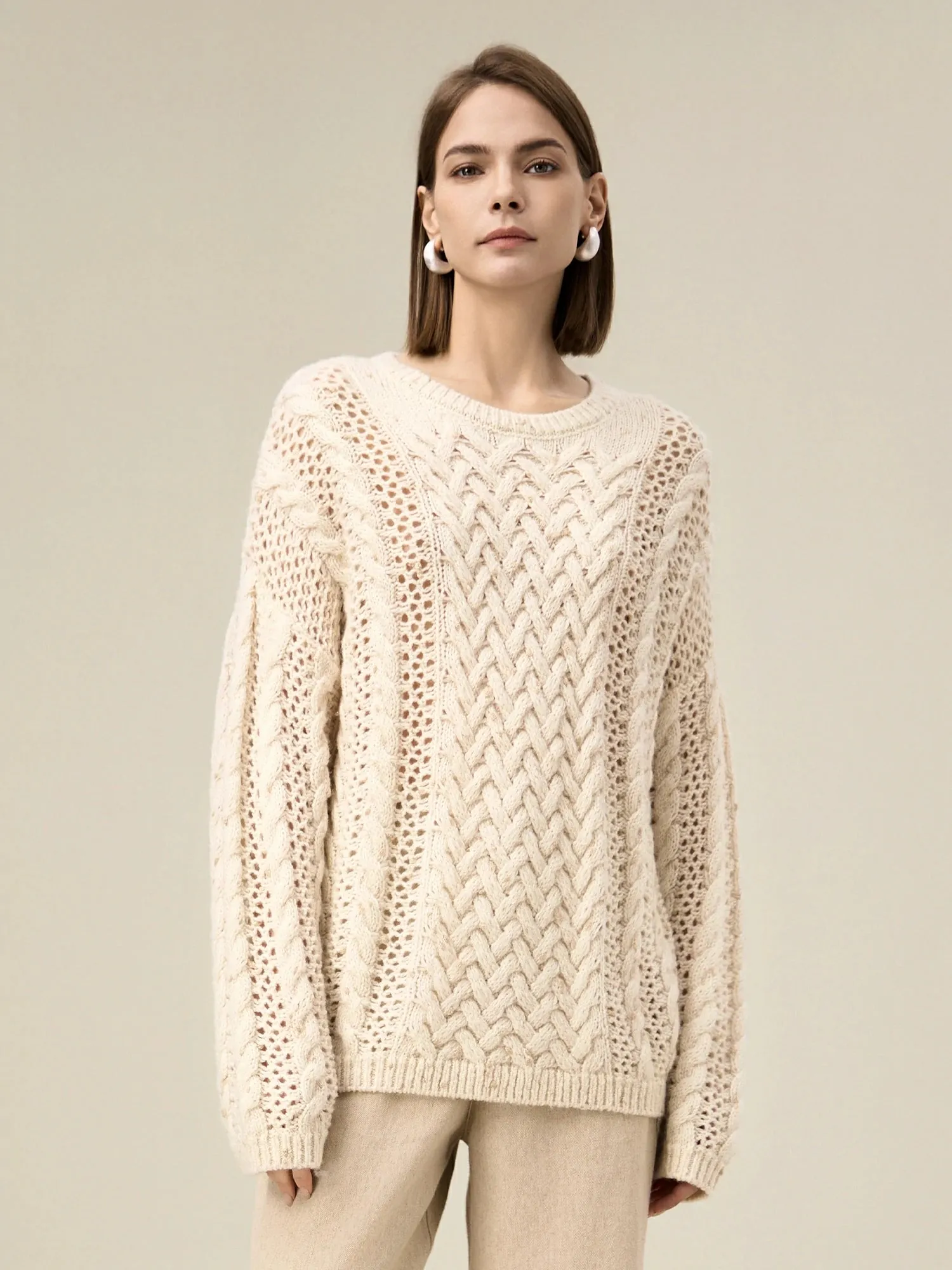 Amoretu Women's Cable Knitted Gold Bean Yarn Hollow Sweater