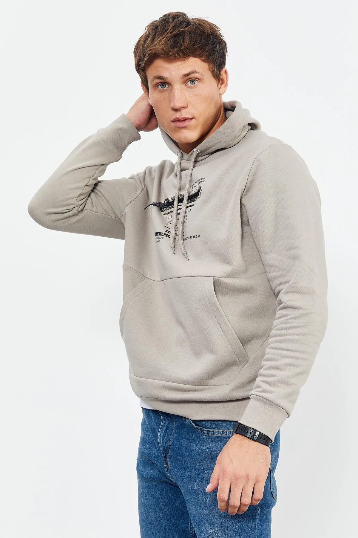 baskili kapüşonlu kanguru cep rahat form erkek sweatshirt - 88019