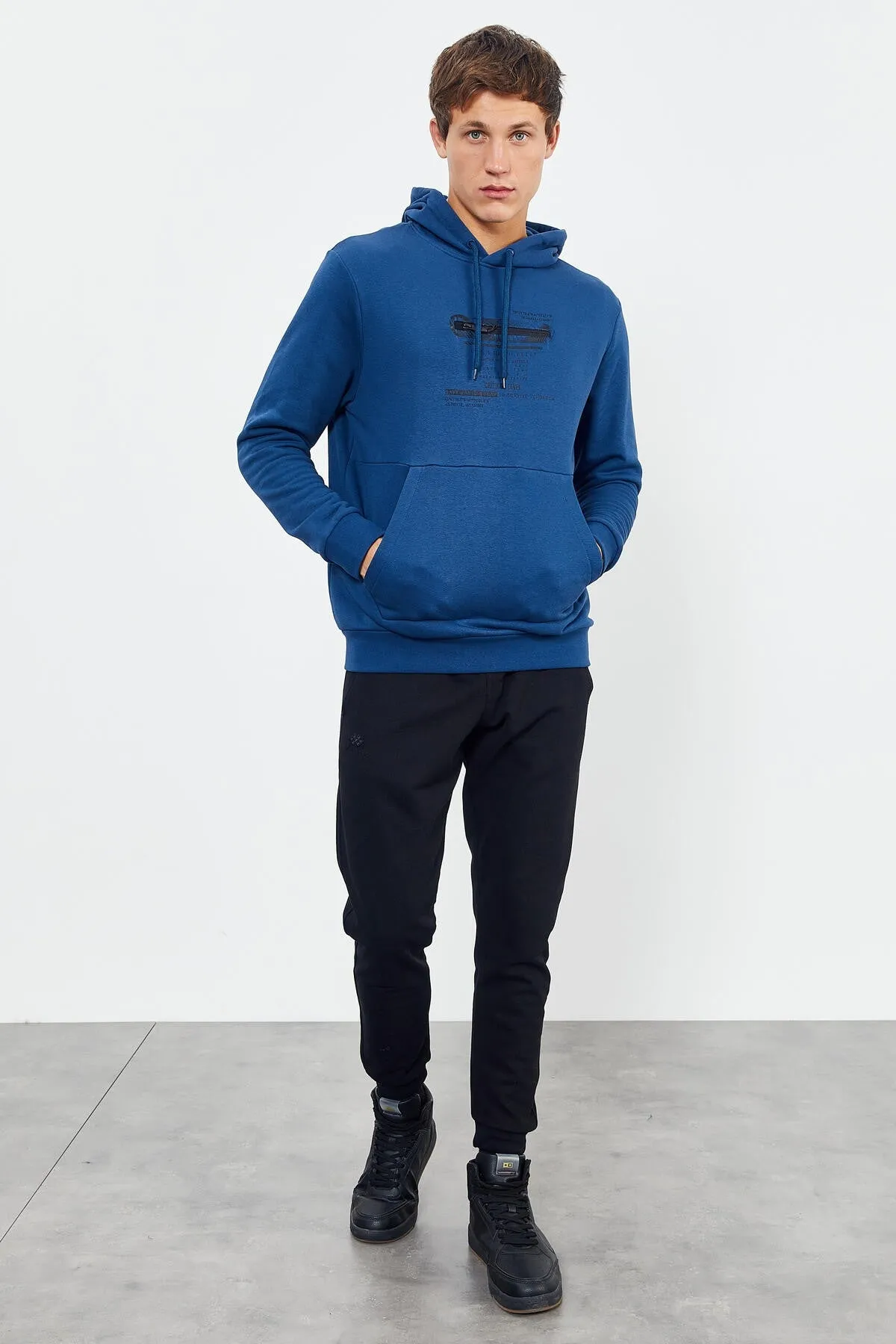 baskili kapüşonlu kanguru cep rahat form erkek sweatshirt - 88019