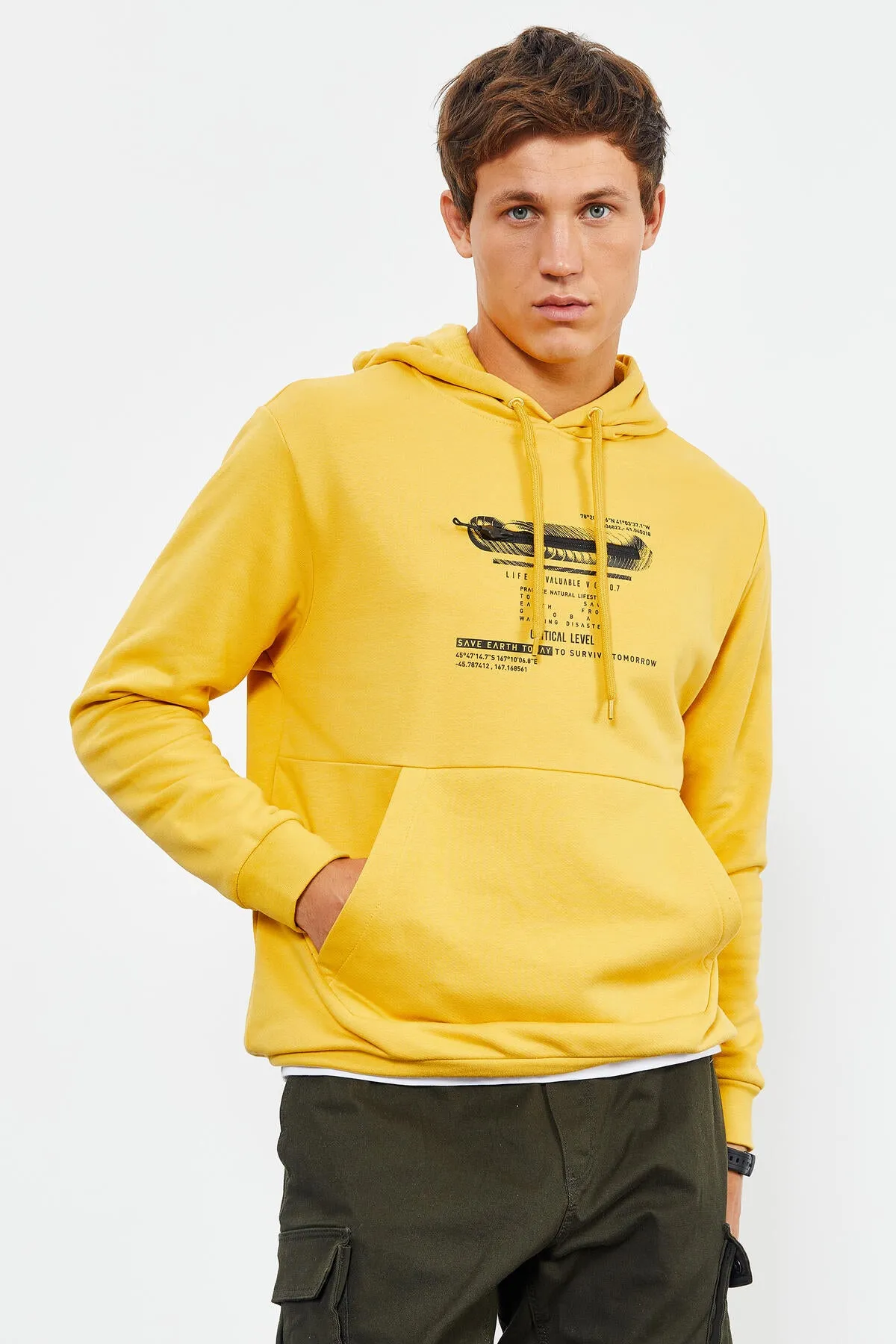 baskili kapüşonlu kanguru cep rahat form erkek sweatshirt - 88019
