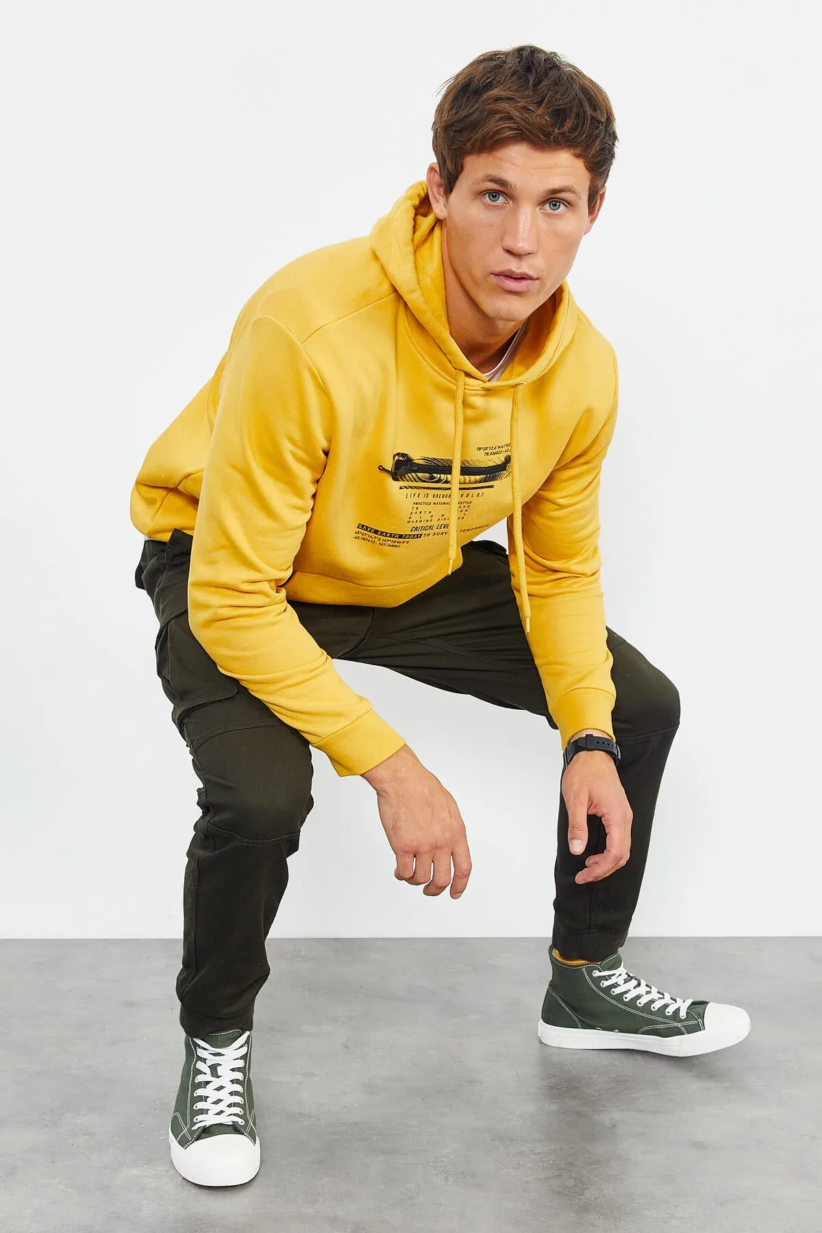 baskili kapüşonlu kanguru cep rahat form erkek sweatshirt - 88019