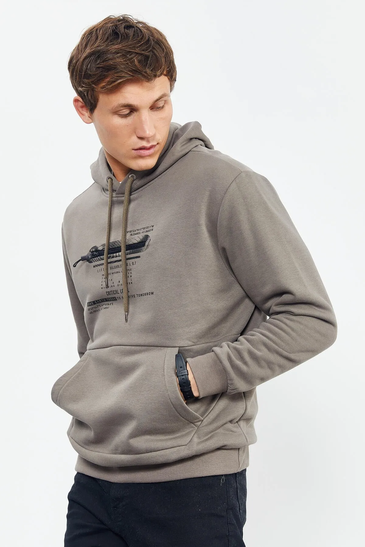 baskili kapüşonlu kanguru cep rahat form erkek sweatshirt - 88019