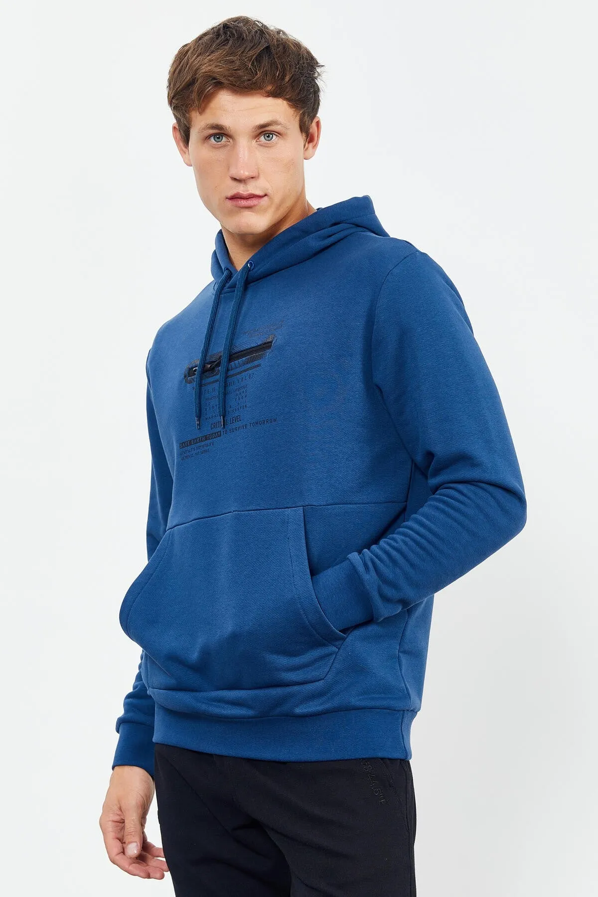 baskili kapüşonlu kanguru cep rahat form erkek sweatshirt - 88019