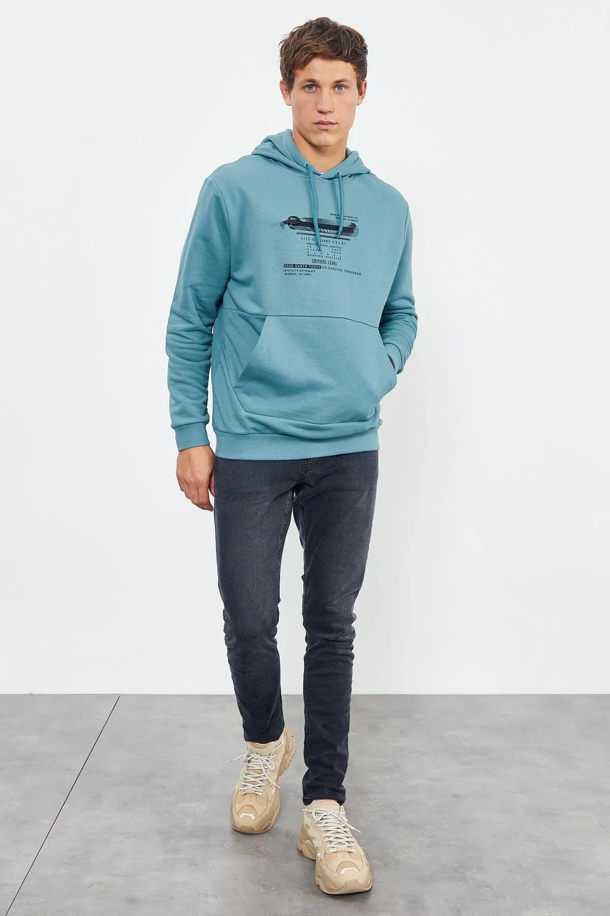 baskili kapüşonlu kanguru cep rahat form erkek sweatshirt - 88019