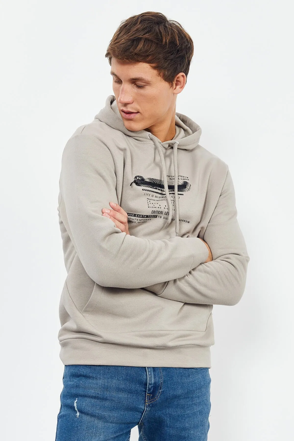 baskili kapüşonlu kanguru cep rahat form erkek sweatshirt - 88019