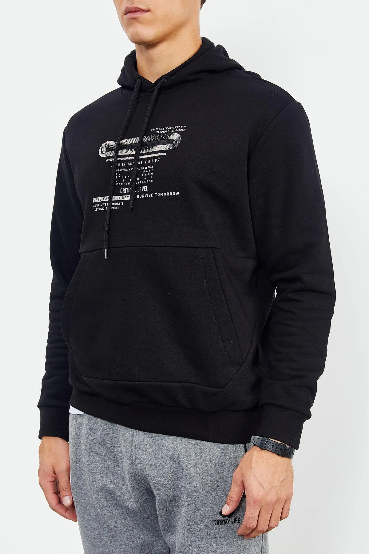 baskili kapüşonlu kanguru cep rahat form erkek sweatshirt - 88019
