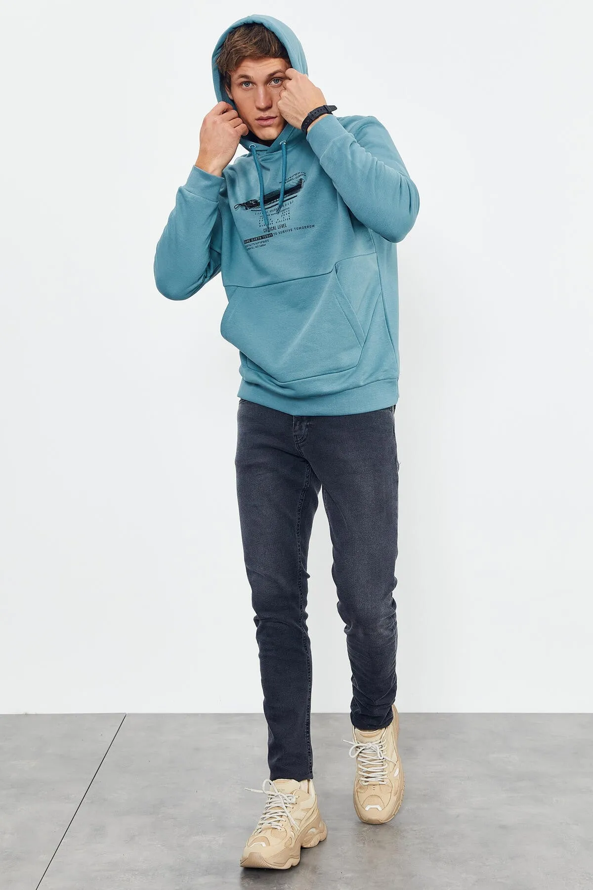 baskili kapüşonlu kanguru cep rahat form erkek sweatshirt - 88019