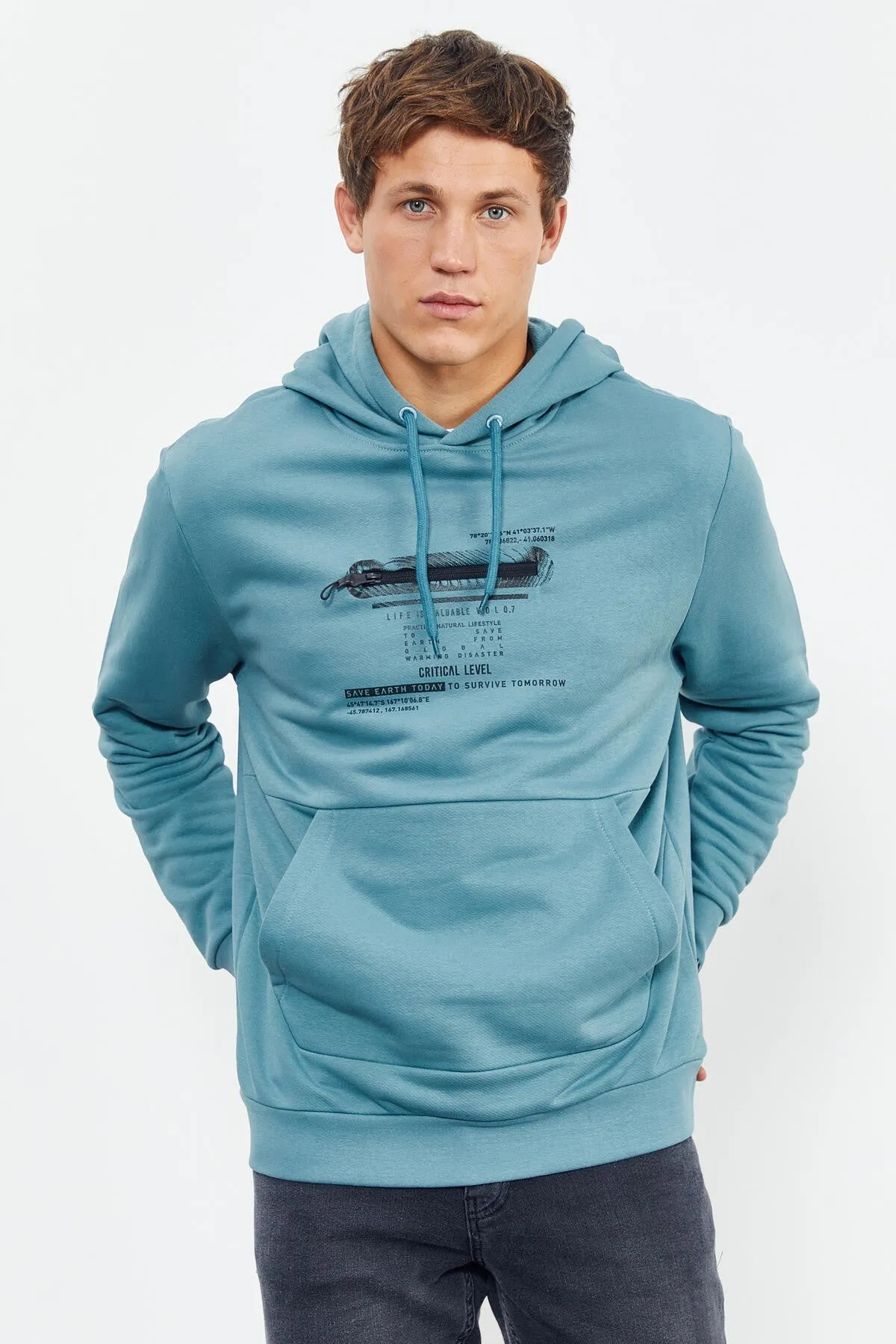 baskili kapüşonlu kanguru cep rahat form erkek sweatshirt - 88019