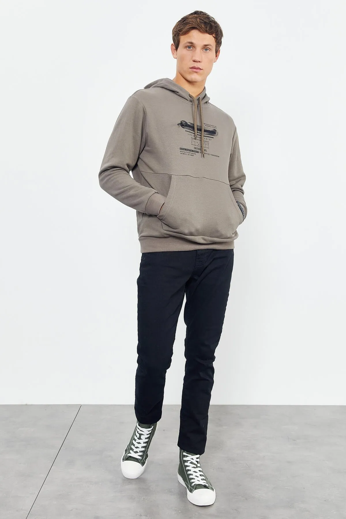 baskili kapüşonlu kanguru cep rahat form erkek sweatshirt - 88019
