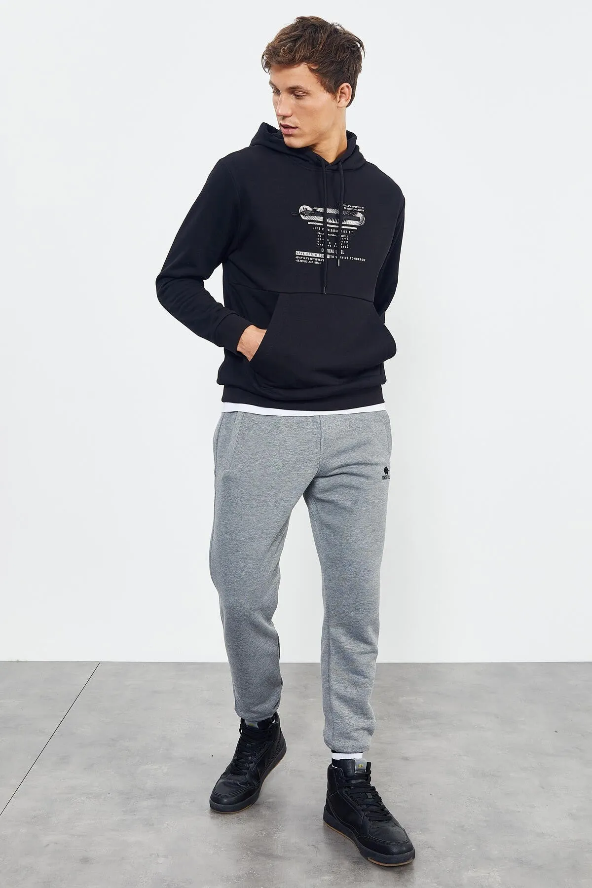 baskili kapüşonlu kanguru cep rahat form erkek sweatshirt - 88019