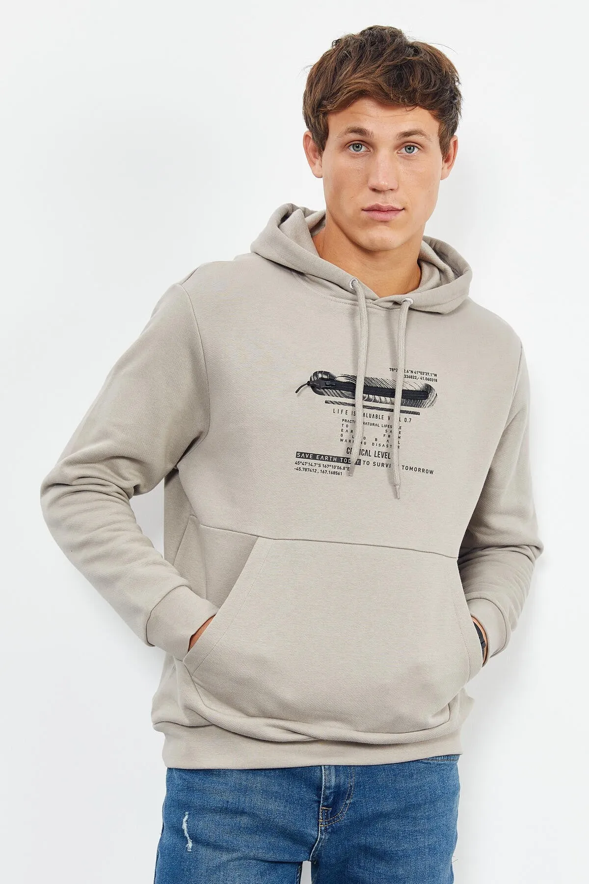 baskili kapüşonlu kanguru cep rahat form erkek sweatshirt - 88019
