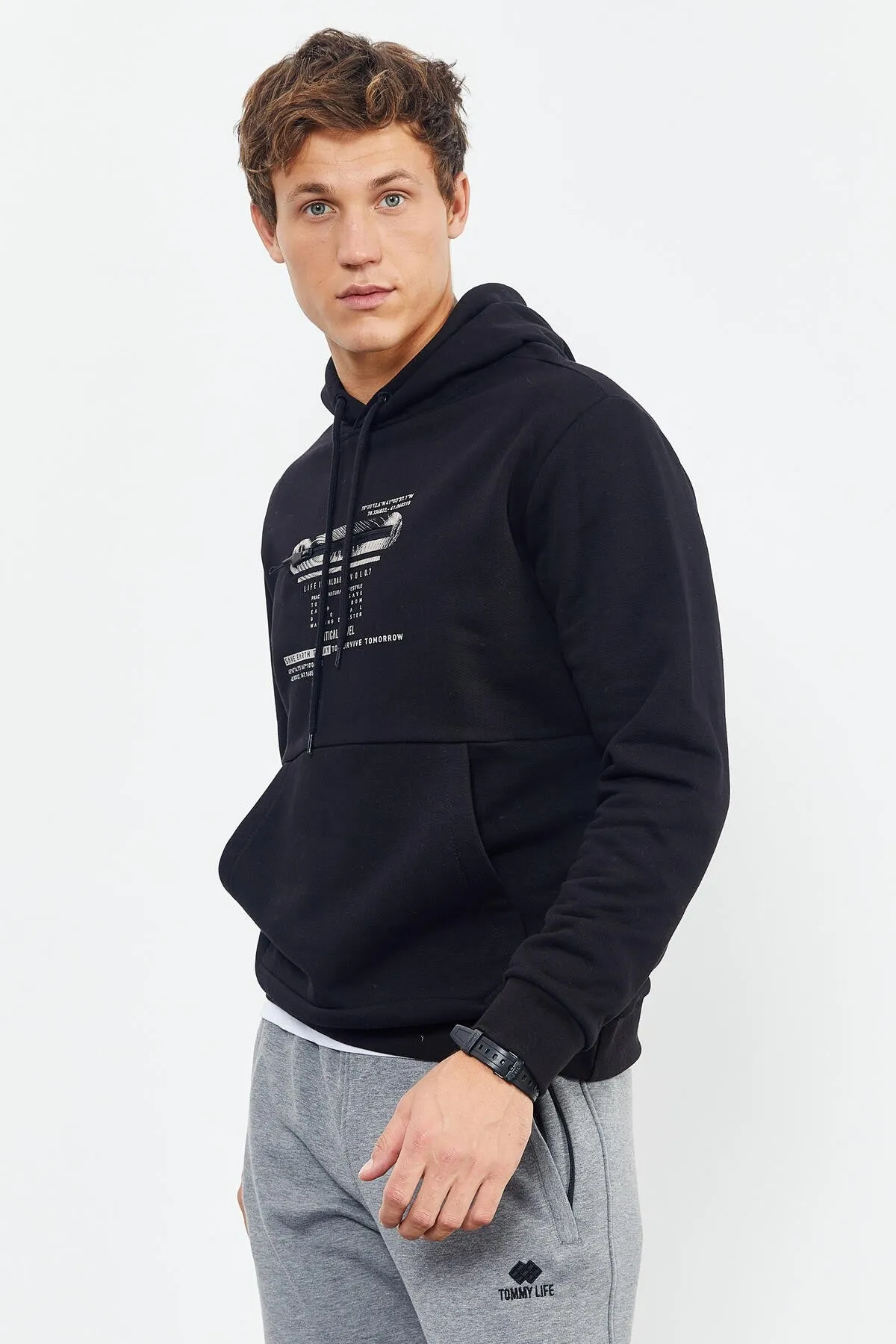 baskili kapüşonlu kanguru cep rahat form erkek sweatshirt - 88019