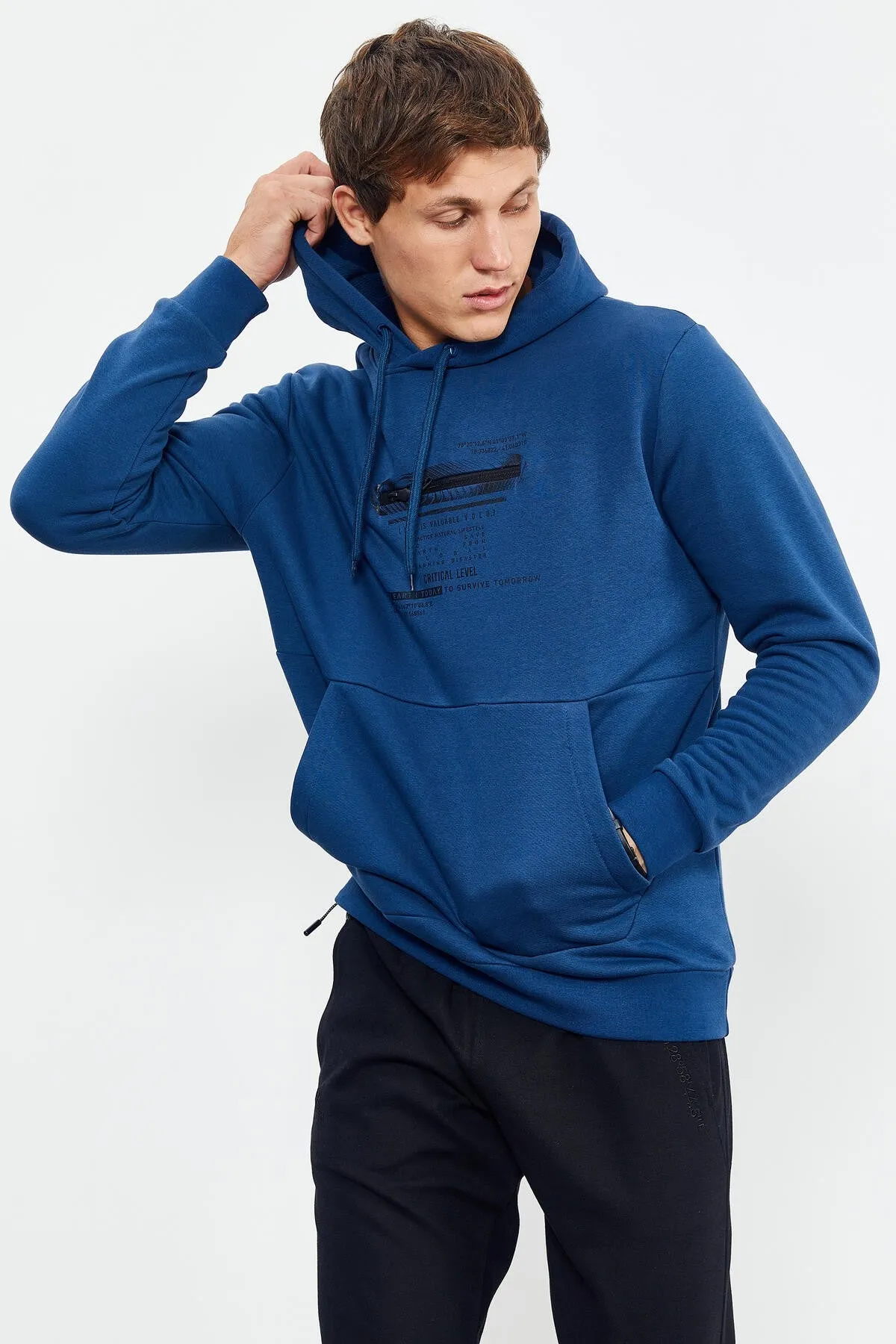 baskili kapüşonlu kanguru cep rahat form erkek sweatshirt - 88019
