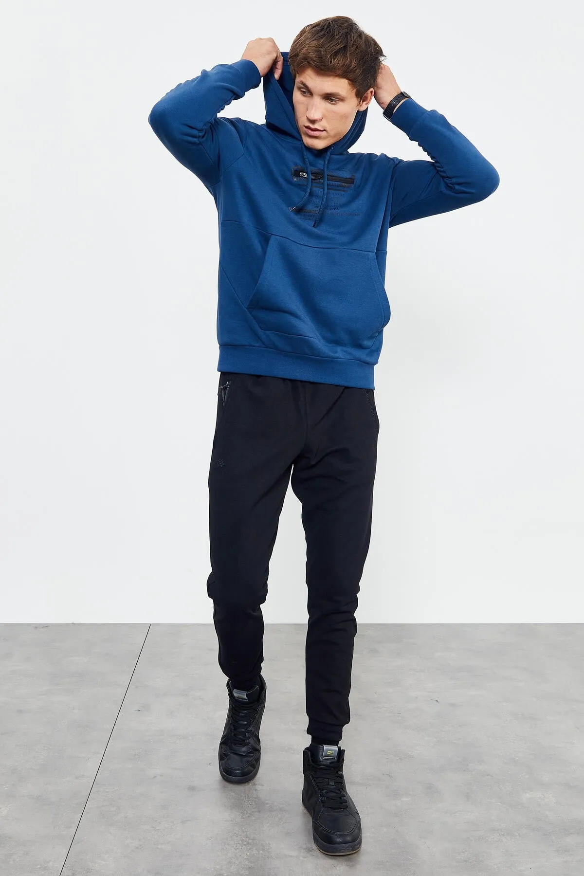 baskili kapüşonlu kanguru cep rahat form erkek sweatshirt - 88019