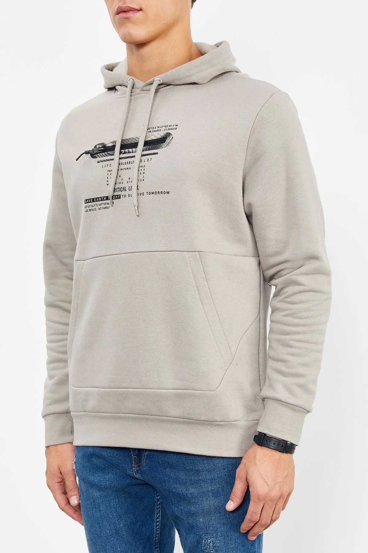baskili kapüşonlu kanguru cep rahat form erkek sweatshirt - 88019