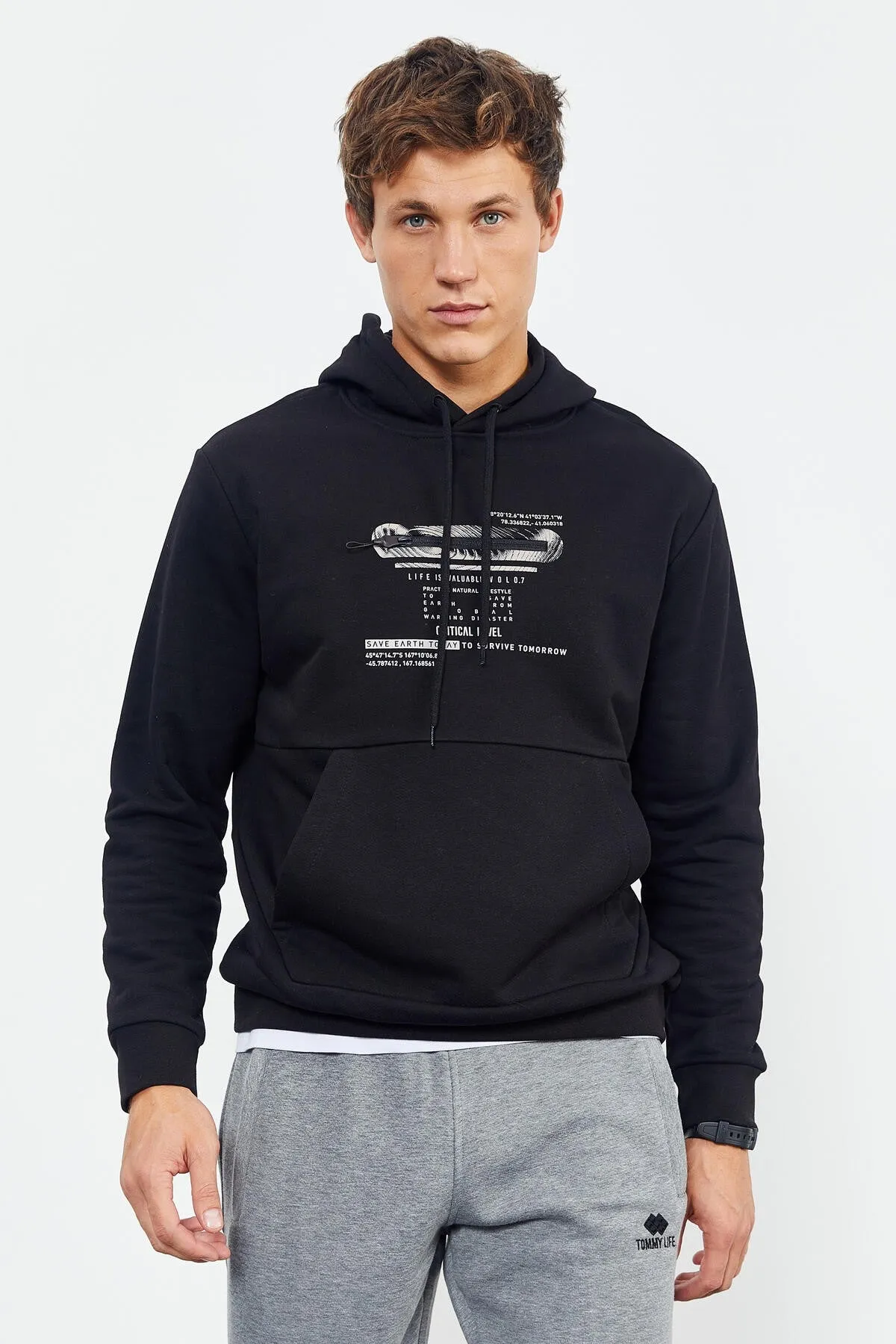 baskili kapüşonlu kanguru cep rahat form erkek sweatshirt - 88019