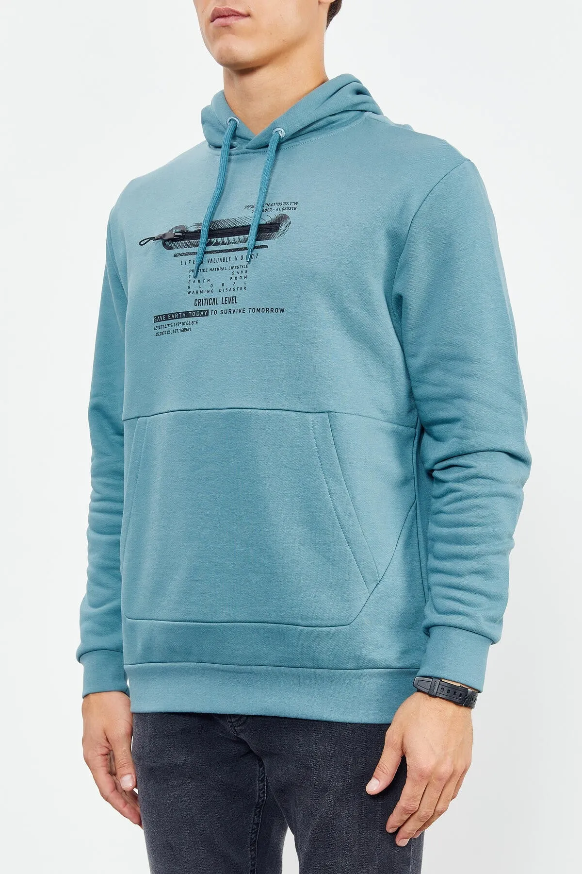 baskili kapüşonlu kanguru cep rahat form erkek sweatshirt - 88019