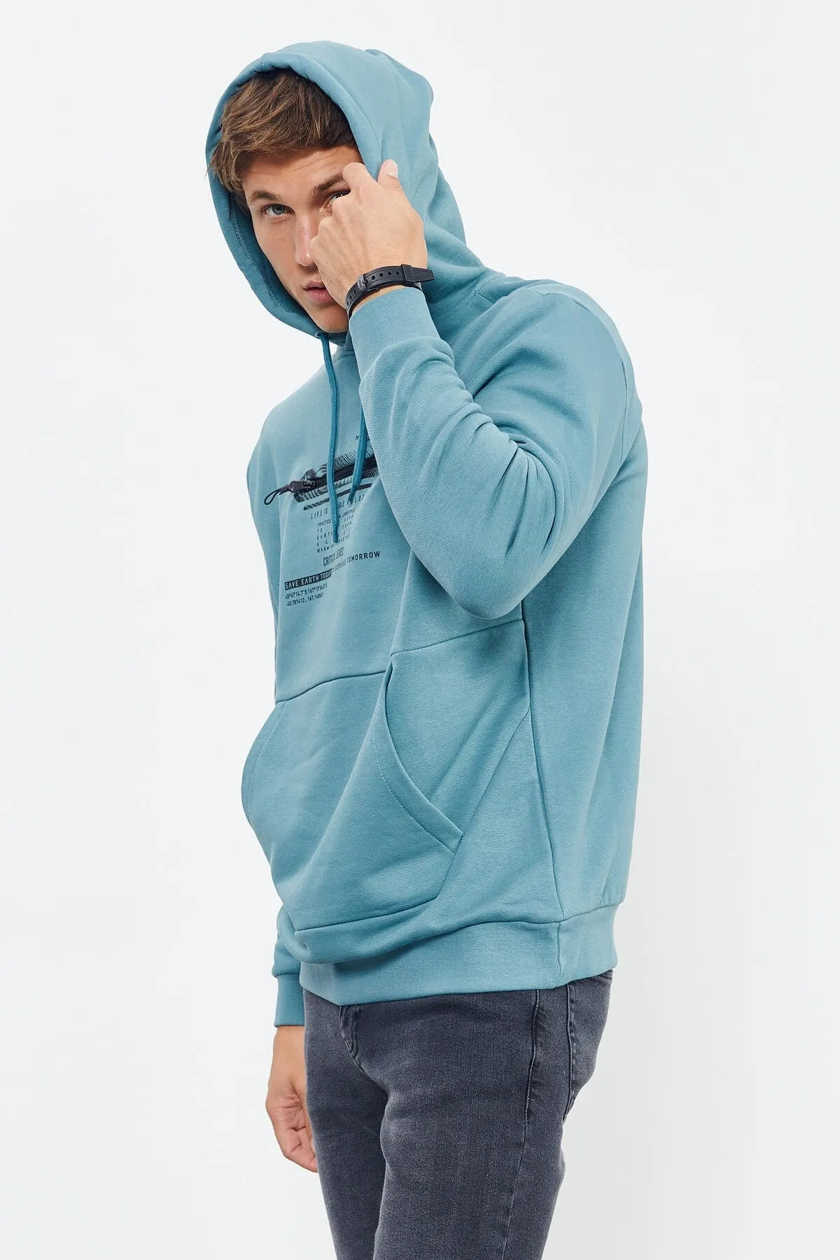 baskili kapüşonlu kanguru cep rahat form erkek sweatshirt - 88019