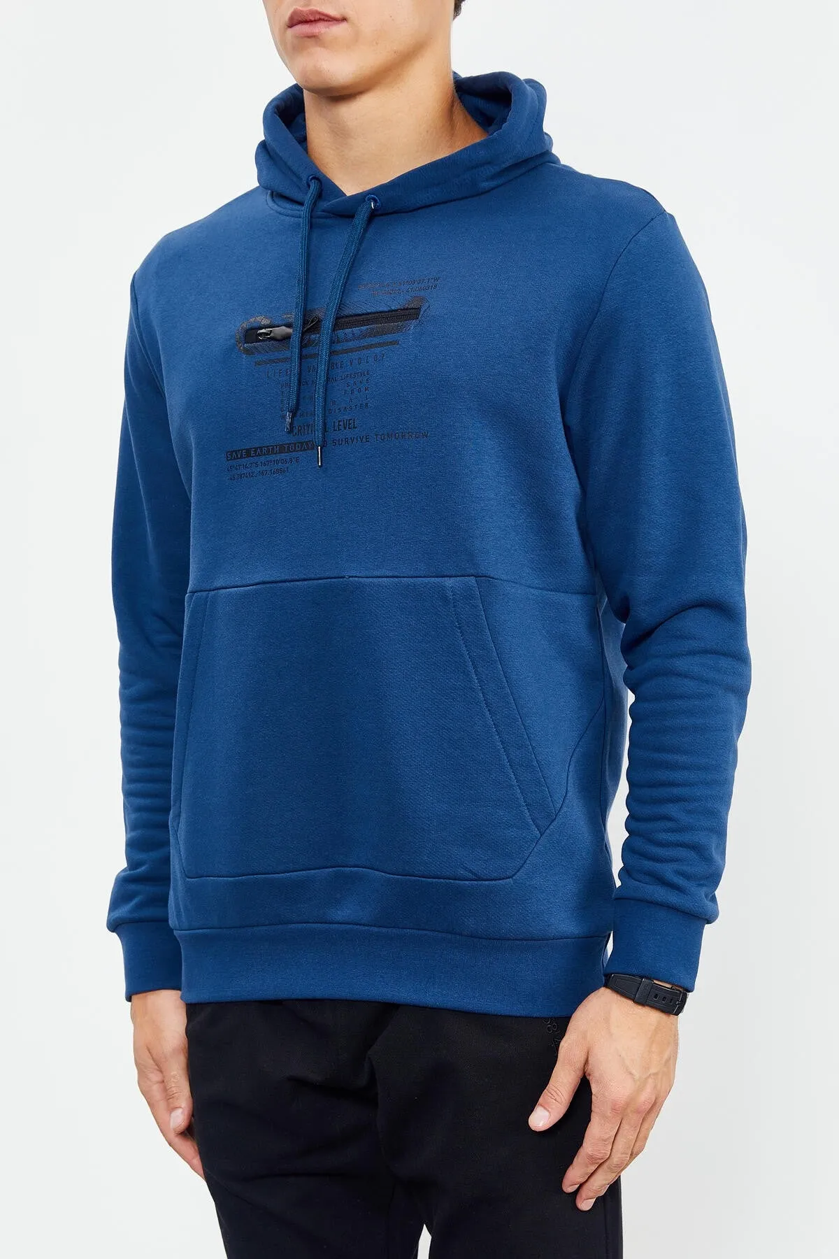 baskili kapüşonlu kanguru cep rahat form erkek sweatshirt - 88019