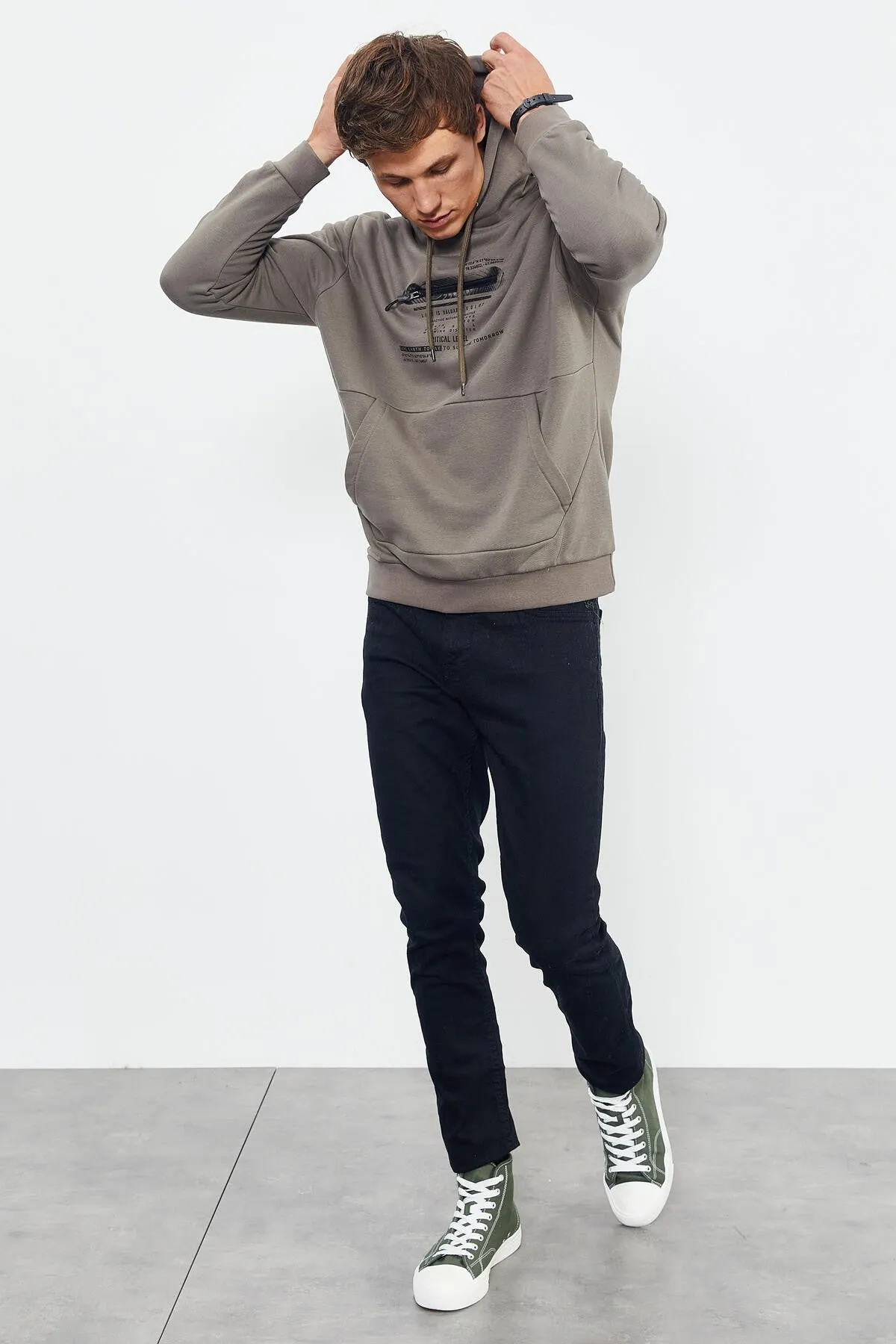baskili kapüşonlu kanguru cep rahat form erkek sweatshirt - 88019