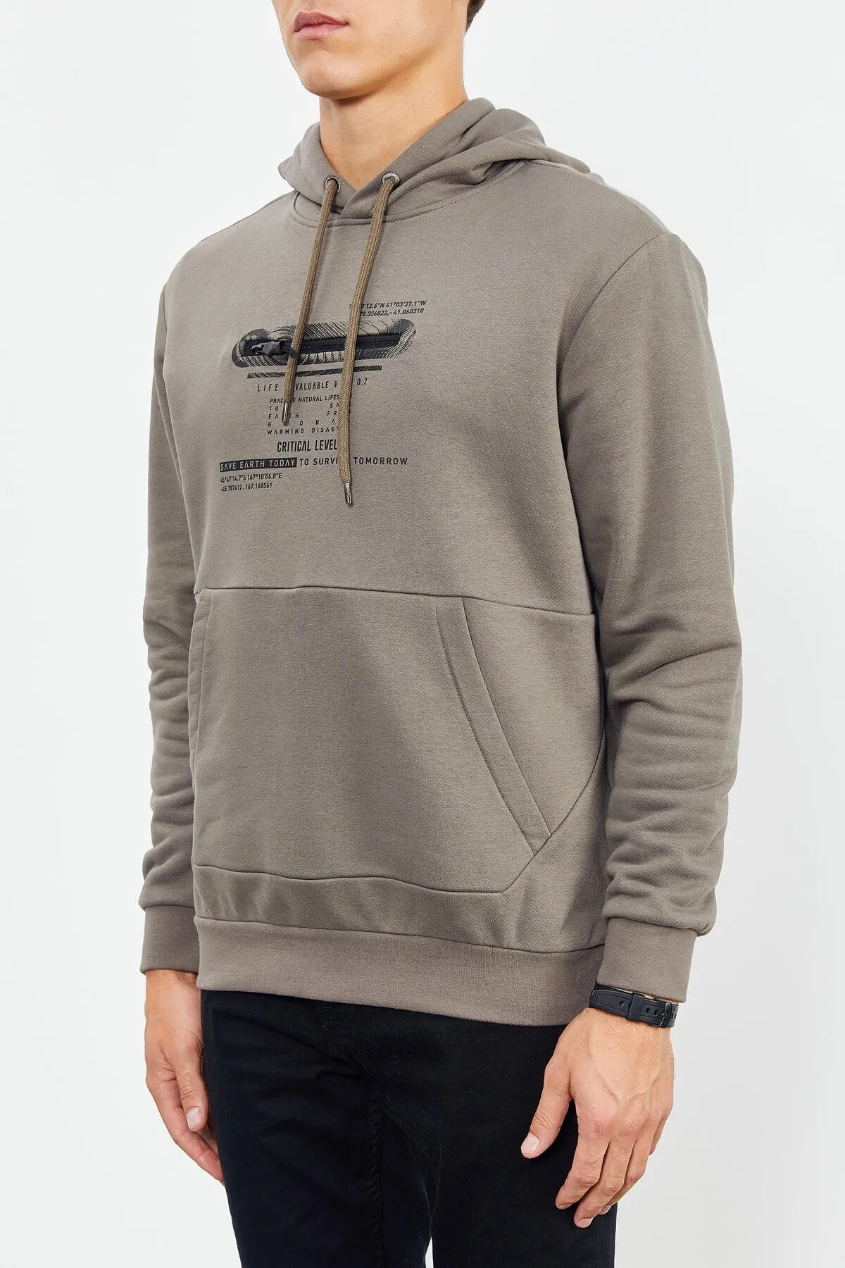 baskili kapüşonlu kanguru cep rahat form erkek sweatshirt - 88019