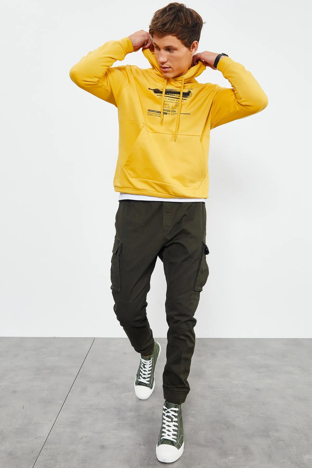 baskili kapüşonlu kanguru cep rahat form erkek sweatshirt - 88019