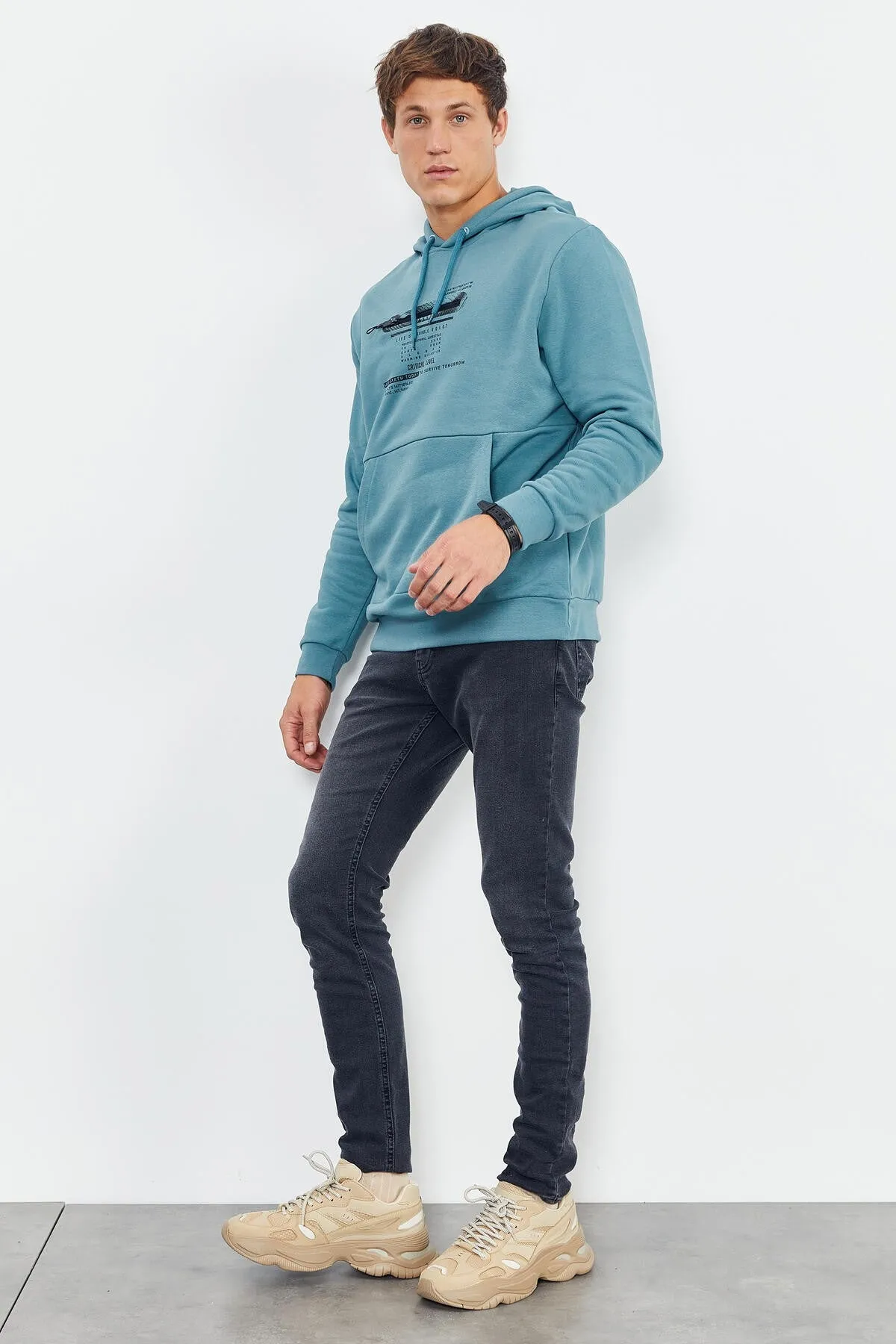 baskili kapüşonlu kanguru cep rahat form erkek sweatshirt - 88019