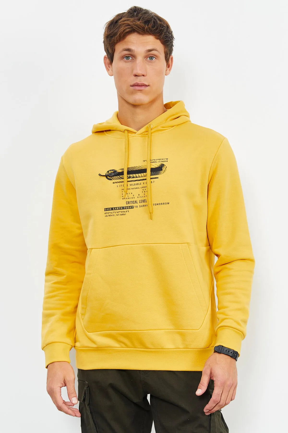 baskili kapüşonlu kanguru cep rahat form erkek sweatshirt - 88019