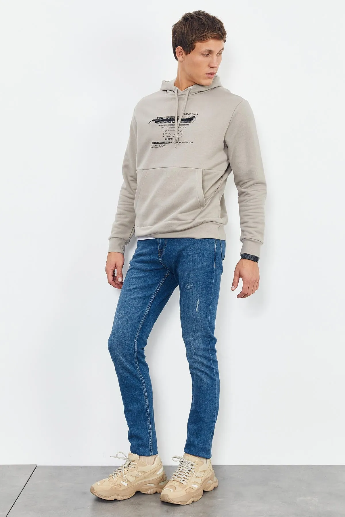 baskili kapüşonlu kanguru cep rahat form erkek sweatshirt - 88019
