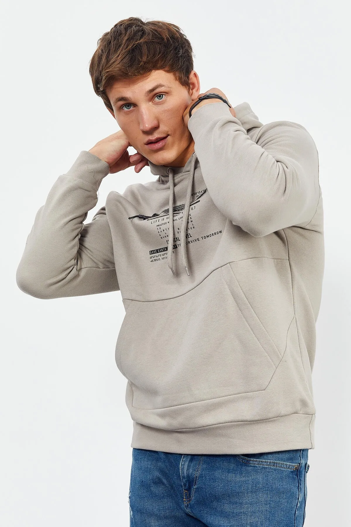 baskili kapüşonlu kanguru cep rahat form erkek sweatshirt - 88019