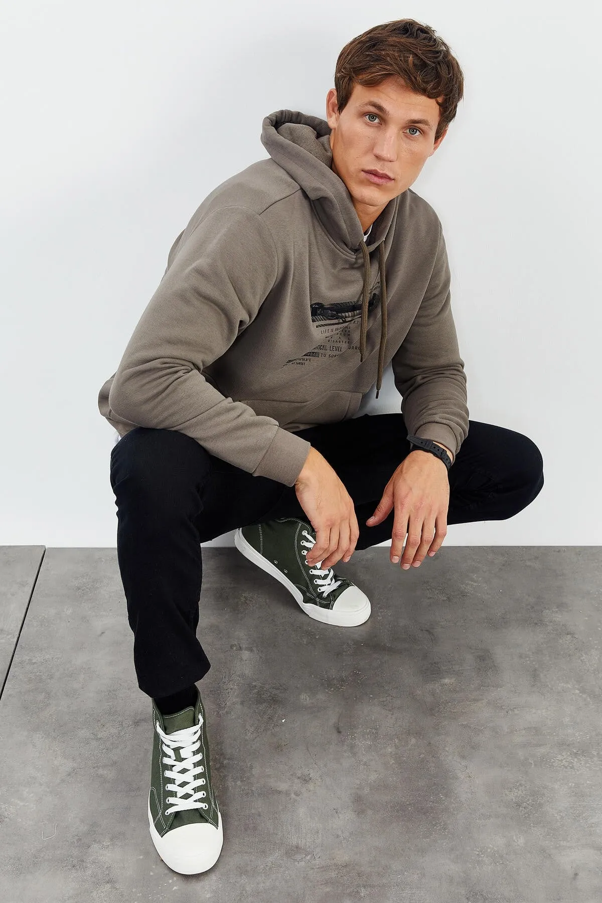 baskili kapüşonlu kanguru cep rahat form erkek sweatshirt - 88019