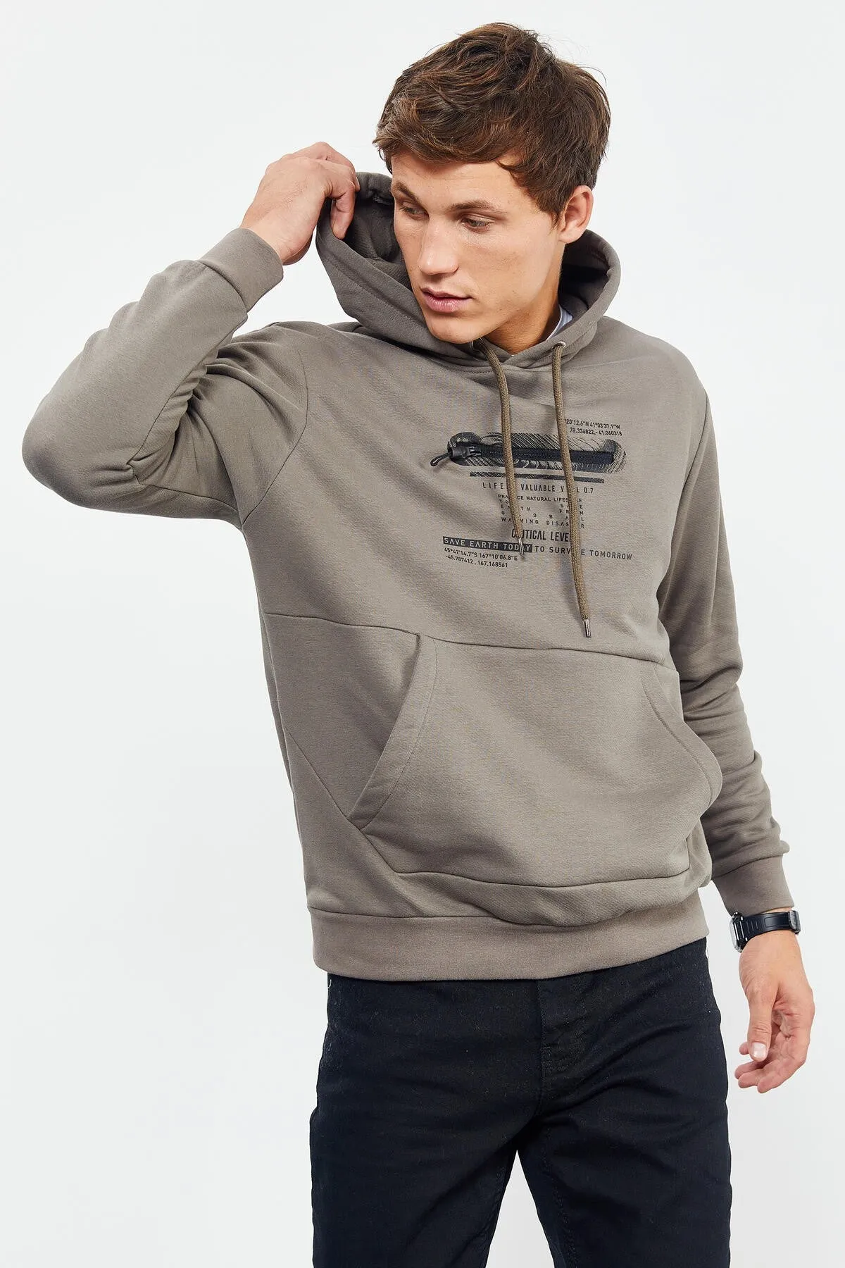 baskili kapüşonlu kanguru cep rahat form erkek sweatshirt - 88019