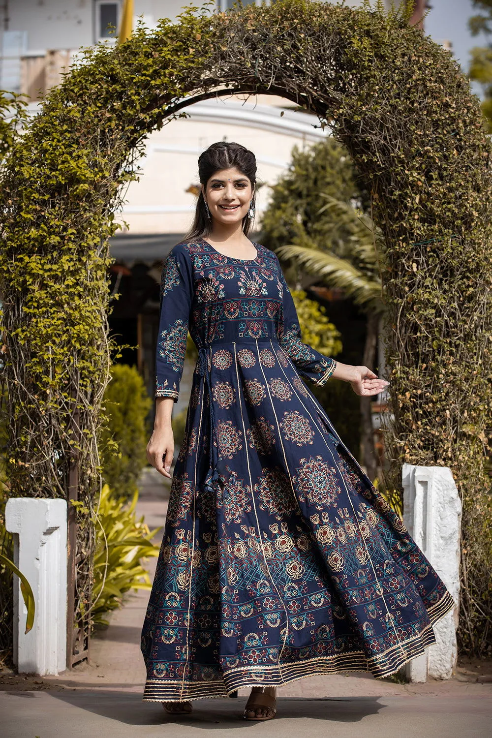Blue Floral Gold Printed Ethnic Gown (Pack Of 1)