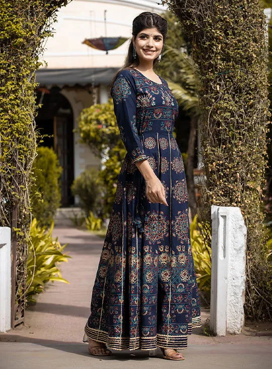 Blue Floral Gold Printed Ethnic Gown (Pack Of 1)