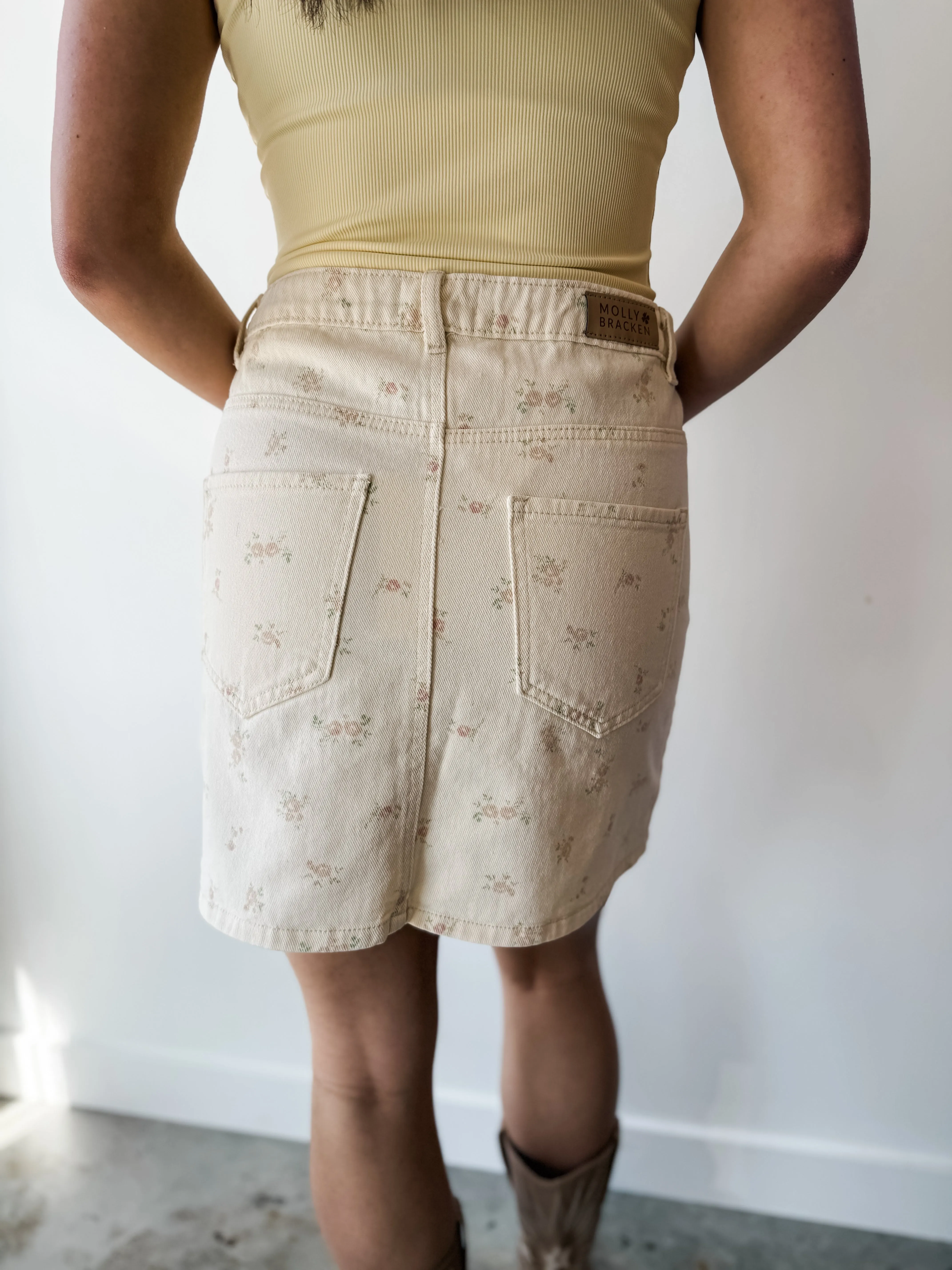 Cream Floral Denim Mini Skirt