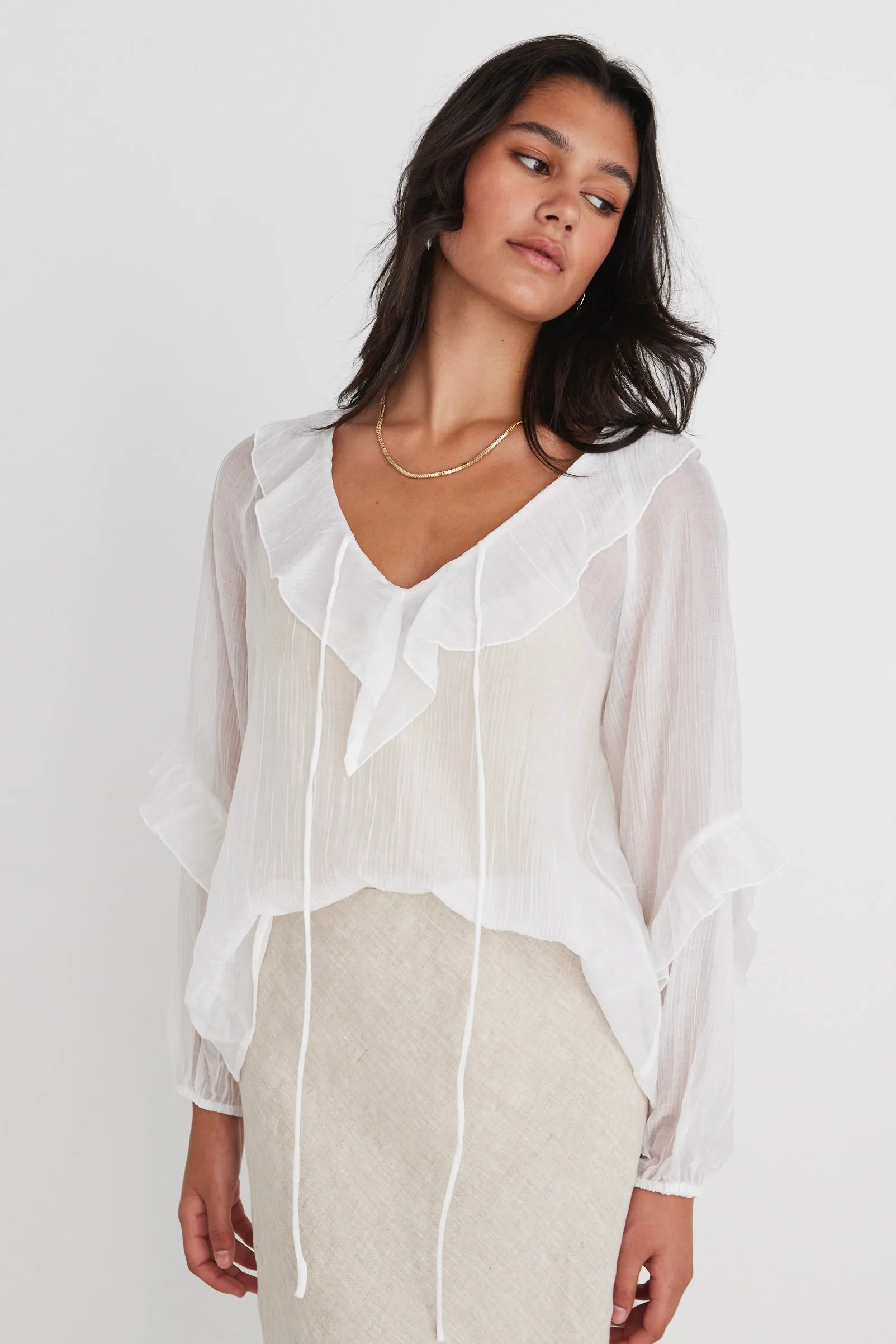 Daily Ivory Sheer Texture Frill Front Top