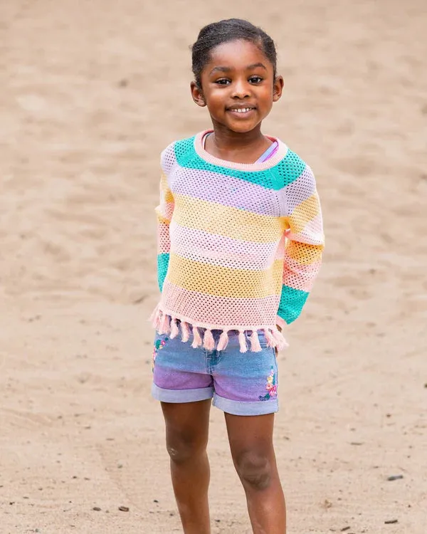 Deux Par Deux Girls Sweater With Fringe  G30HT31   Tropical Rainbow Stripe