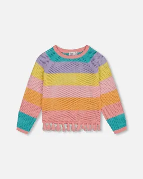 Deux Par Deux Girls Sweater With Fringe  G30HT31   Tropical Rainbow Stripe