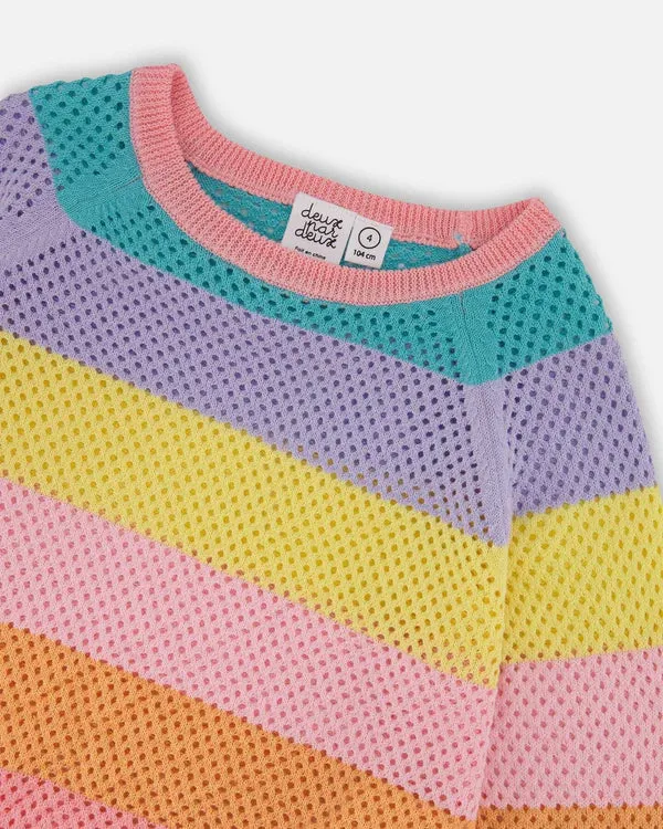 Deux Par Deux Girls Sweater With Fringe  G30HT31   Tropical Rainbow Stripe