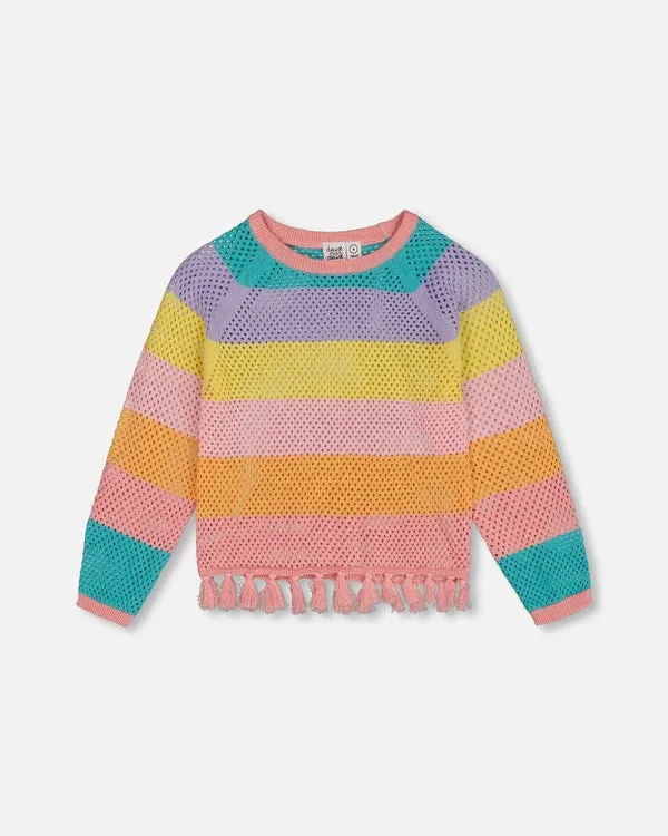 Deux Par Deux Girls Sweater With Fringe  G30HT31   Tropical Rainbow Stripe